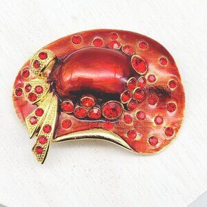 Red Hat Brooch Pendant Red Rhinestones Gold Tone Enameled Fun Feminine VGC